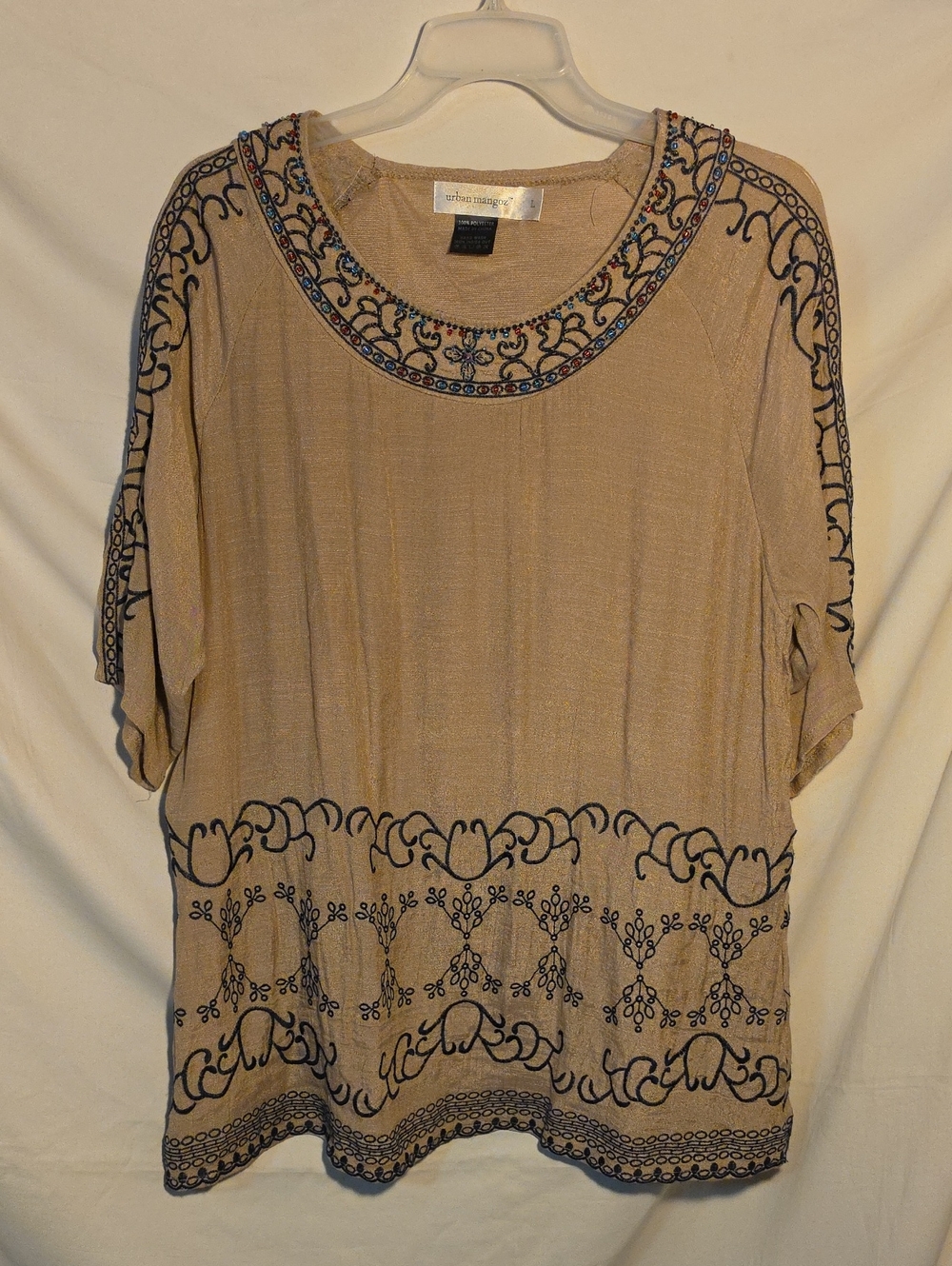 Embroidered Tan Tunic Top with Black Accents